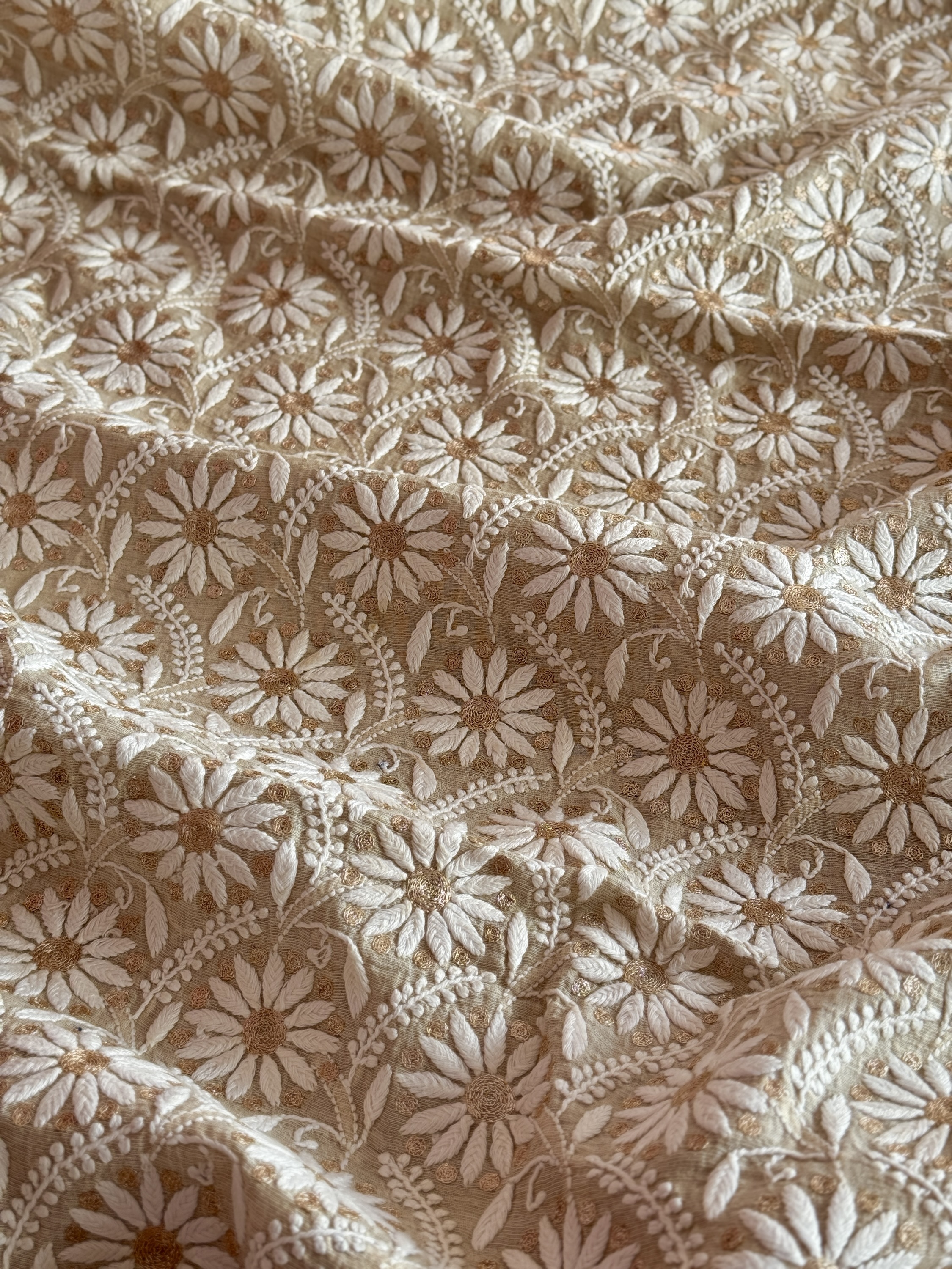 Beige Tissue Chanderi Chikankari Kurta Piece With Rich Aari & Kasab Work - Image 4