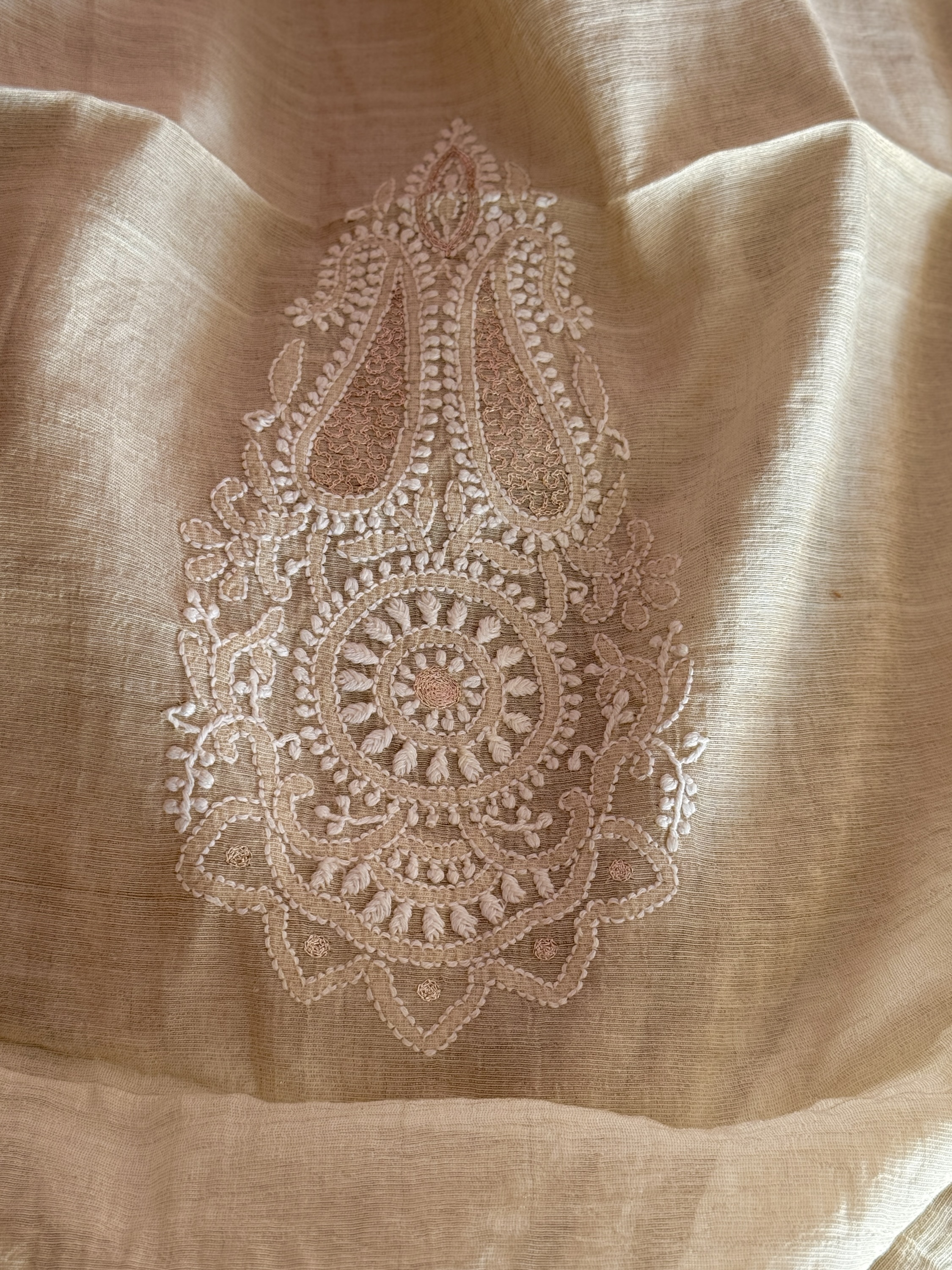 Beige Tissue Chanderi Chikankari Kurta Piece With Rich Aari & Kasab Work - Image 6