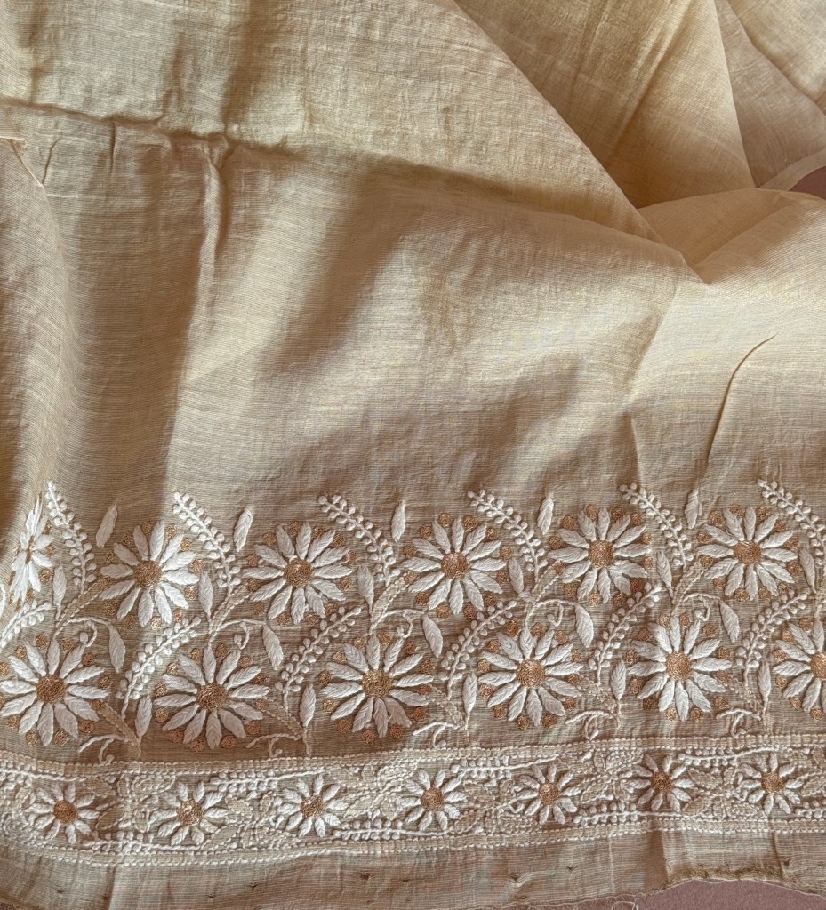 Beige Tissue Chanderi Chikankari Kurta Piece With Rich Aari & Kasab Work