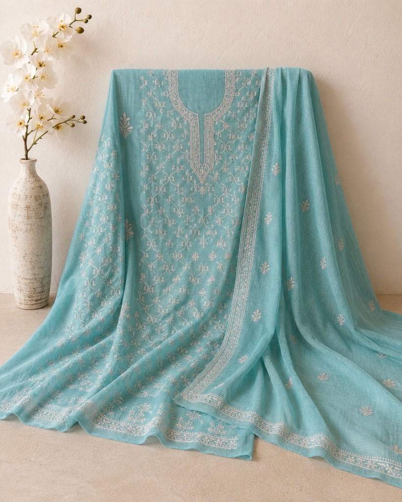 Blue Kota doria Mul Kurta Dupatta Set