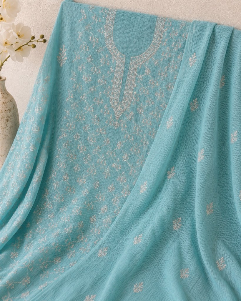 Blue Kota doria Mul Kurta Dupatta Set