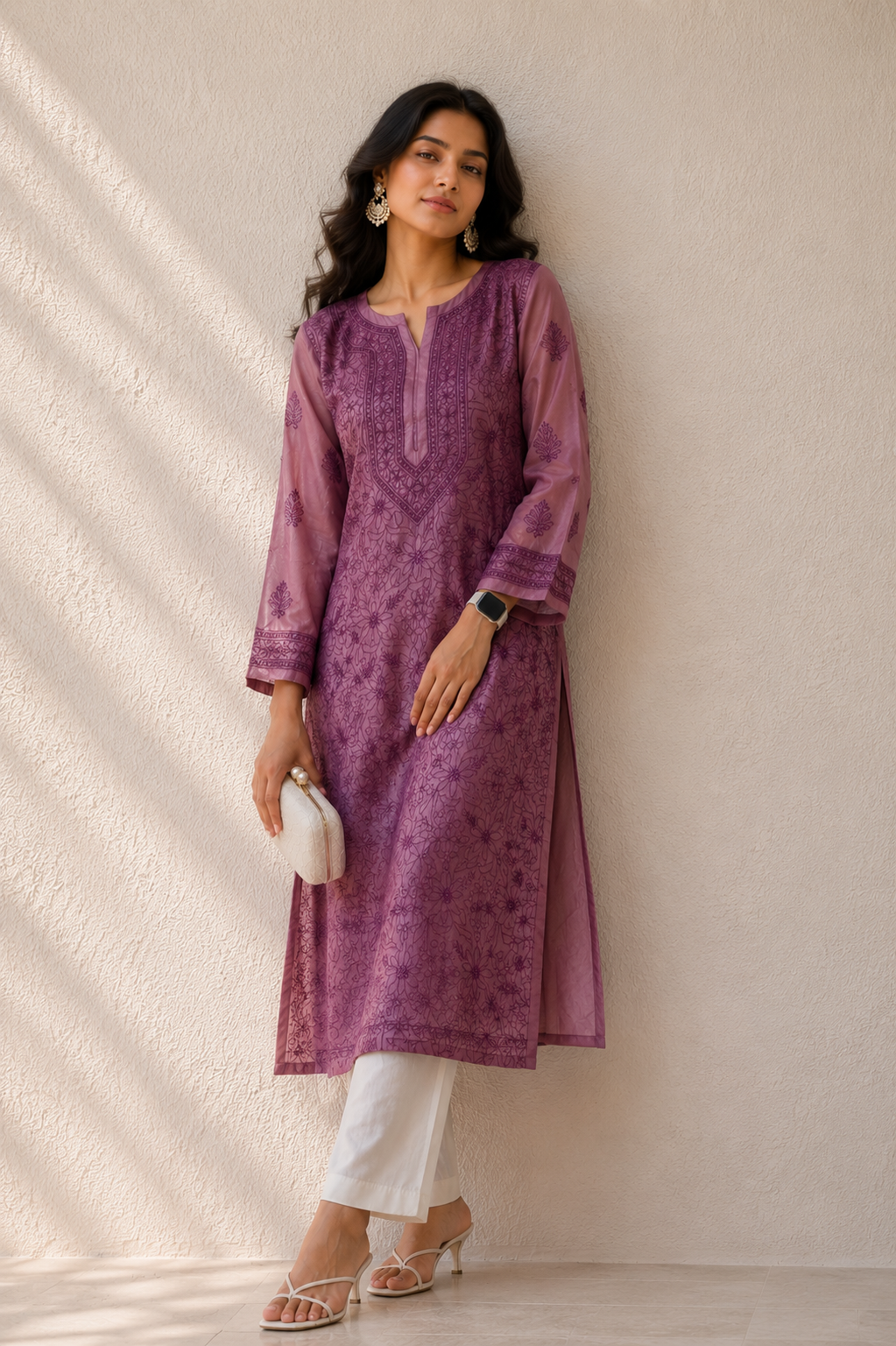 LIlac Tussar Silk Chikankari Kurti - Image 1