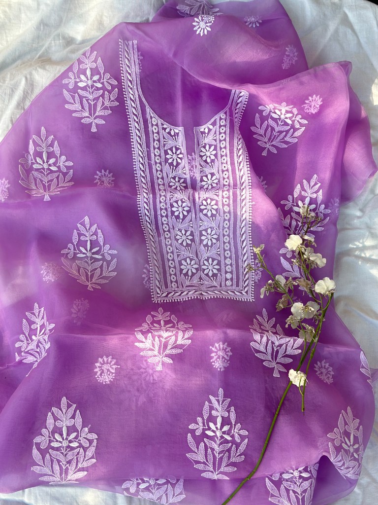 lilac organza chikankari kurta piece-unstitched