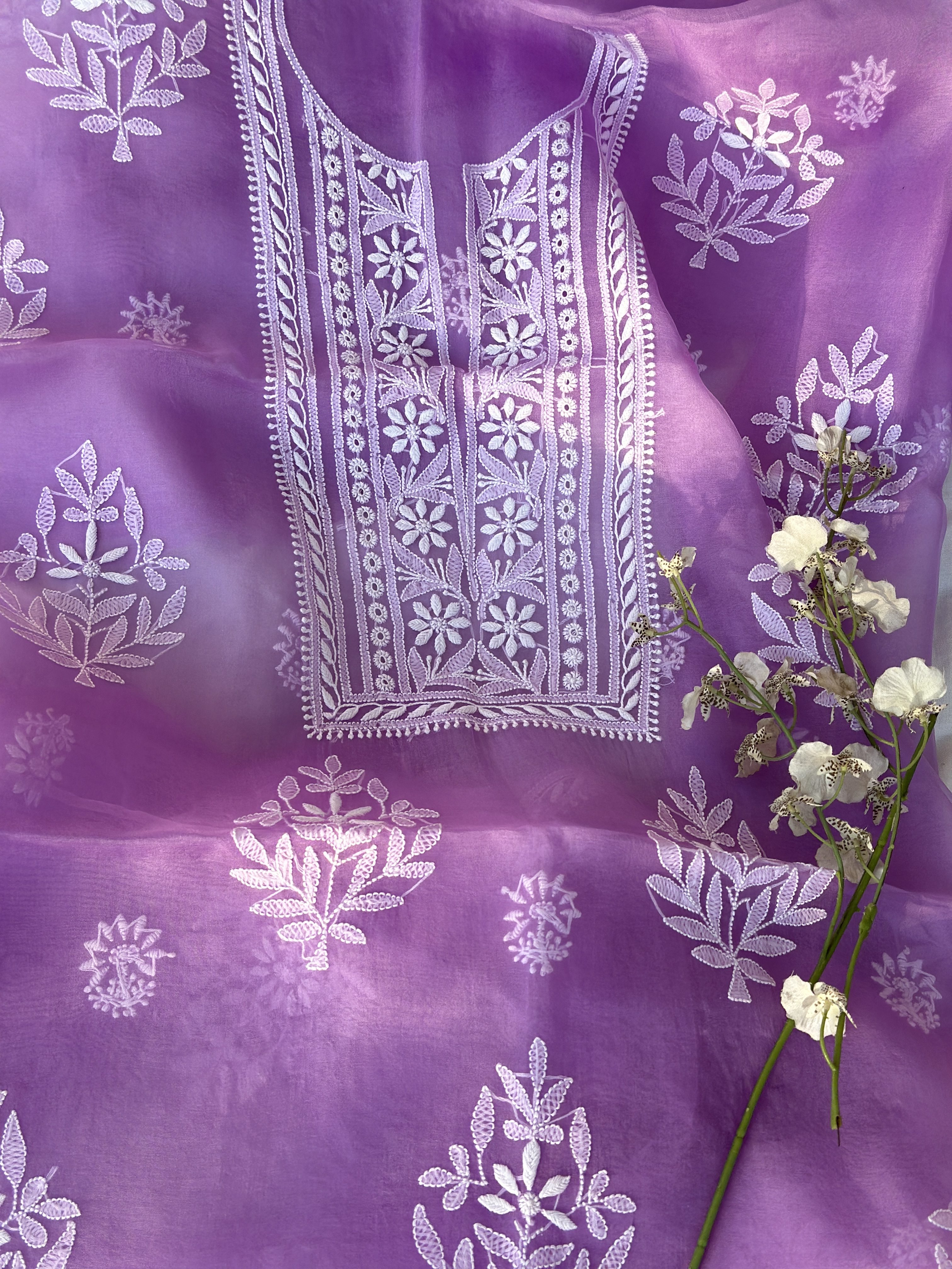 Lilac Organza Chikankari Kurta Piece - Image 2