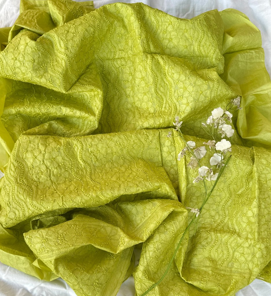 green tussar silk chikankari kurta piece-unstitched