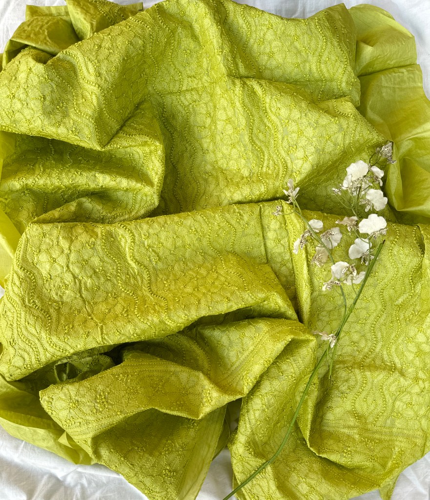 green tussar silk chikankari kurta piece-unstitched