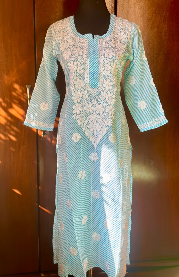 blue leheriya pure cotton chikankari kurti