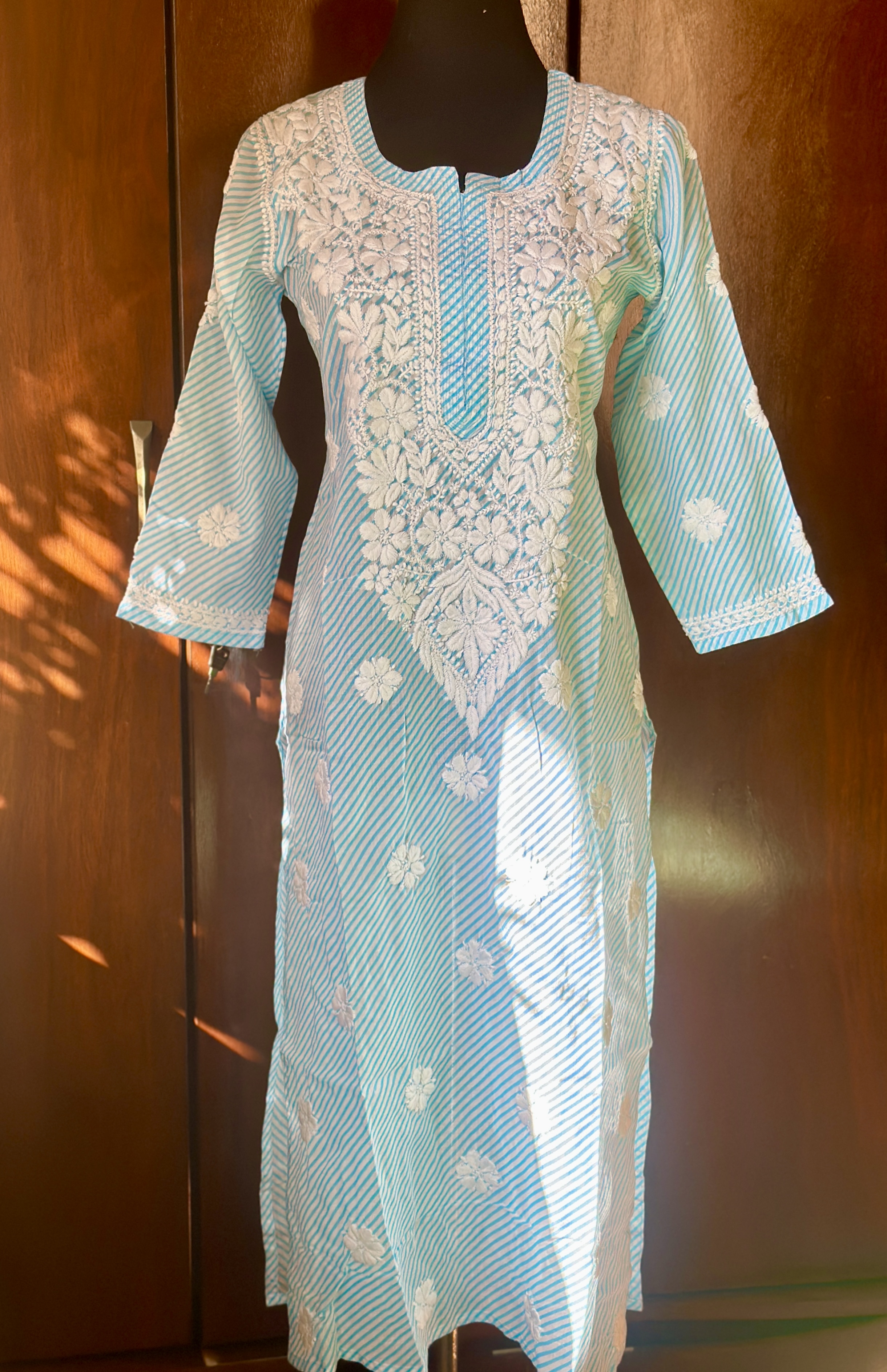 blue leheriya pure cotton chikankari kurti