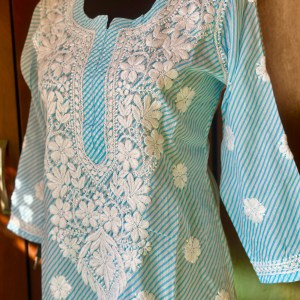 blue leheriya pure cotton chikankari kurti