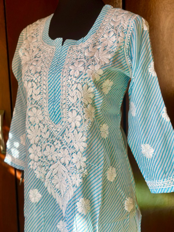 blue leheriya pure cotton chikankari kurti