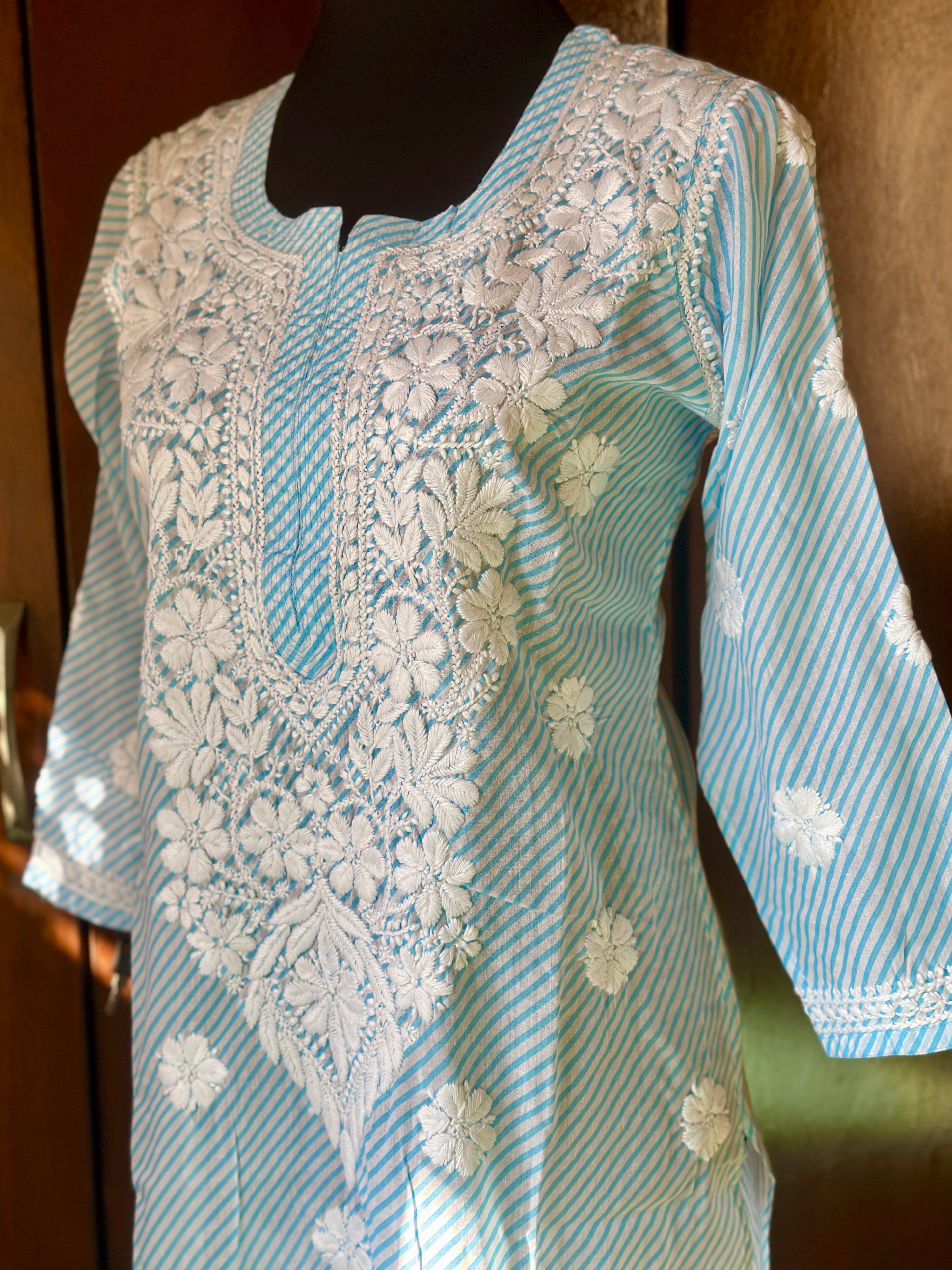blue leheriya pure cotton chikankari kurti
