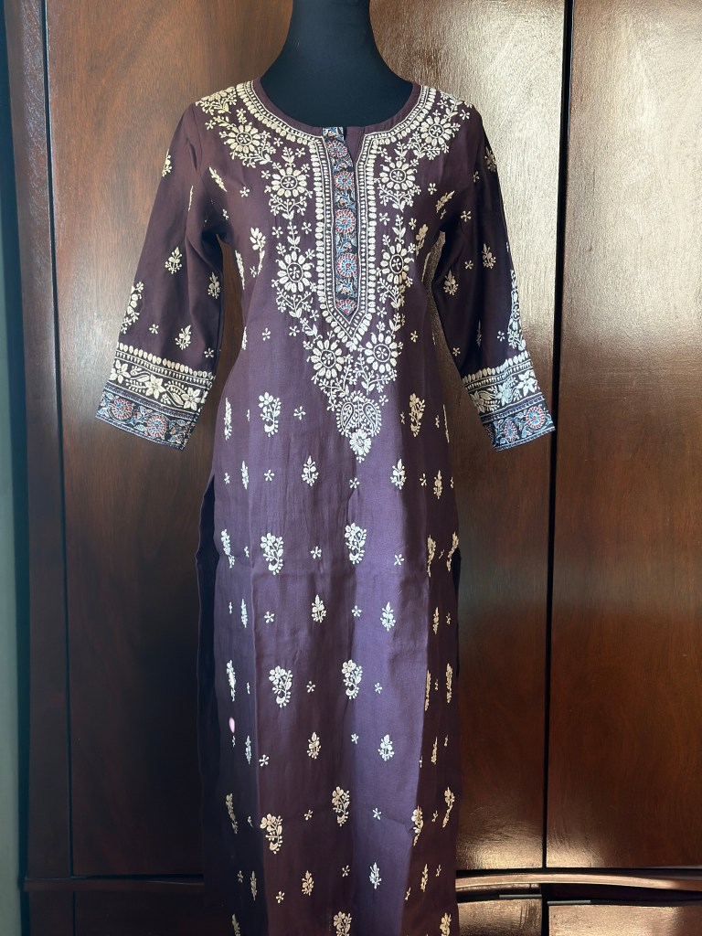 maroon pure linen chikankari kurti with kalamkari border
