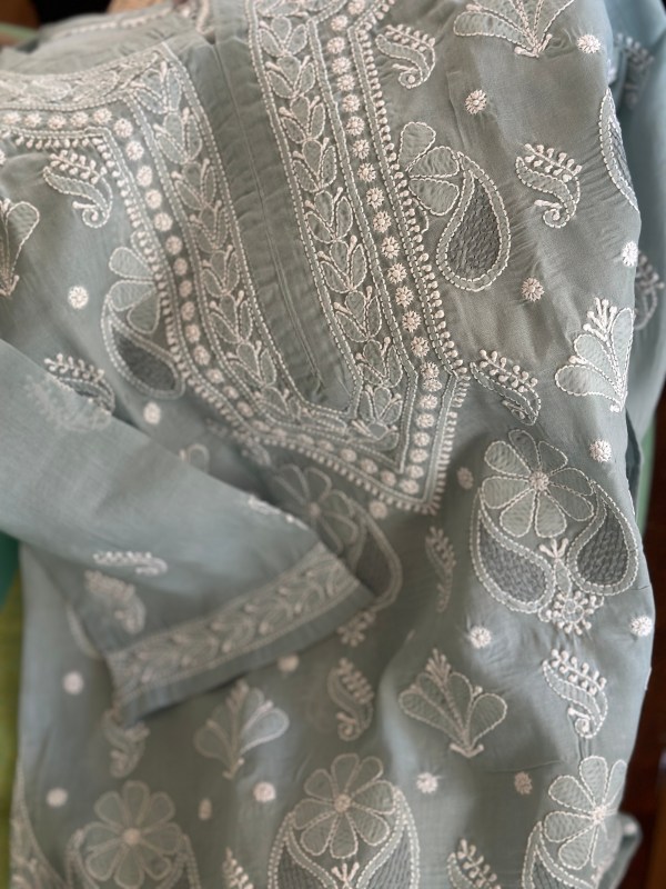 grey cotton voil chikankari kurti with jaali work motif