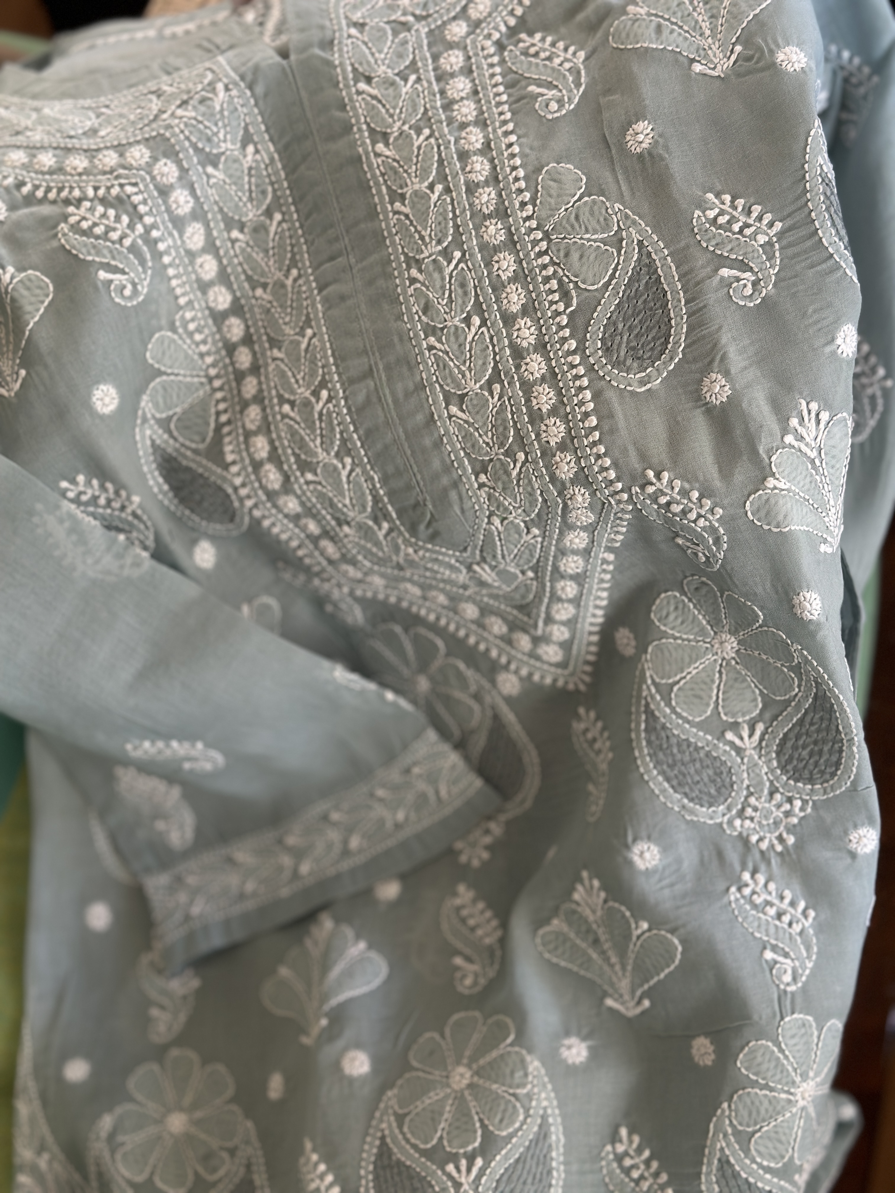 grey cotton voil chikankari kurti with jaali work motif