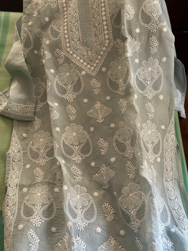 grey cotton voil chikankari kurti with jaali work motif