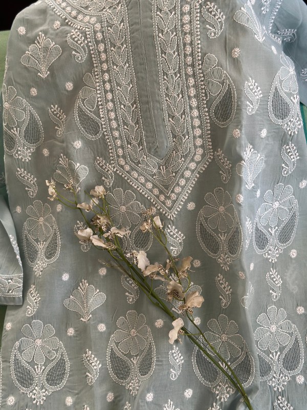 Grey Cotton Voil Chikankari Kurti With Jaali Motif