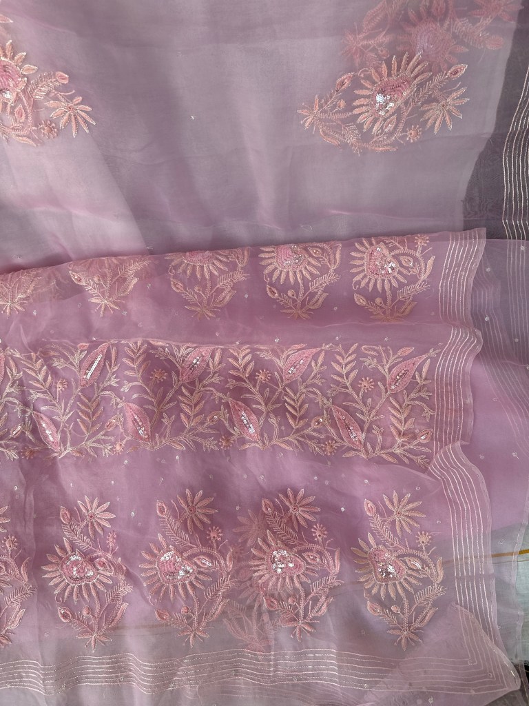 pink pure organza chikankari saree with mukaish work-dyeable-handwork