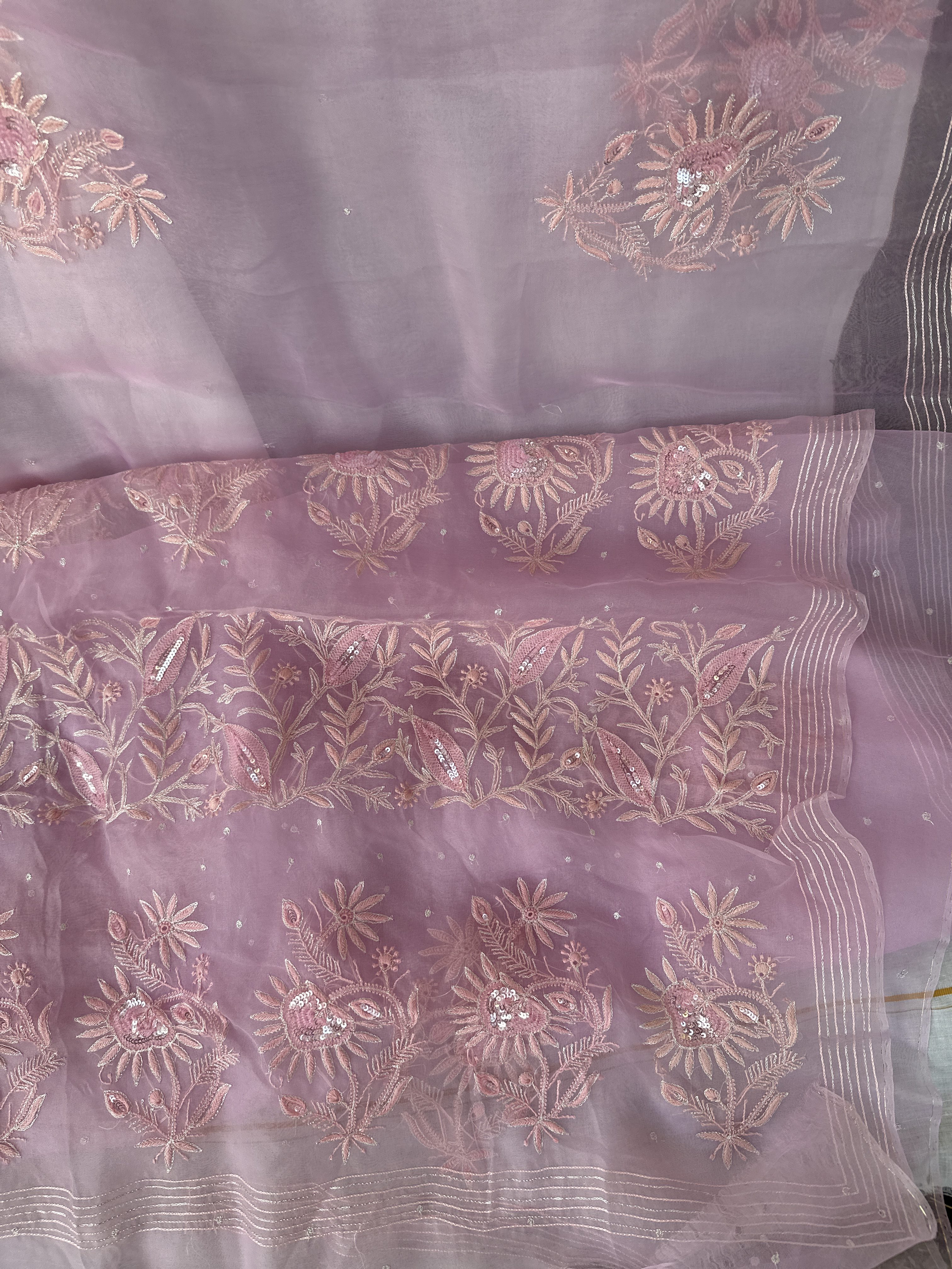 pink pure organza chikankari saree with mukaish work-dyeable-handwork