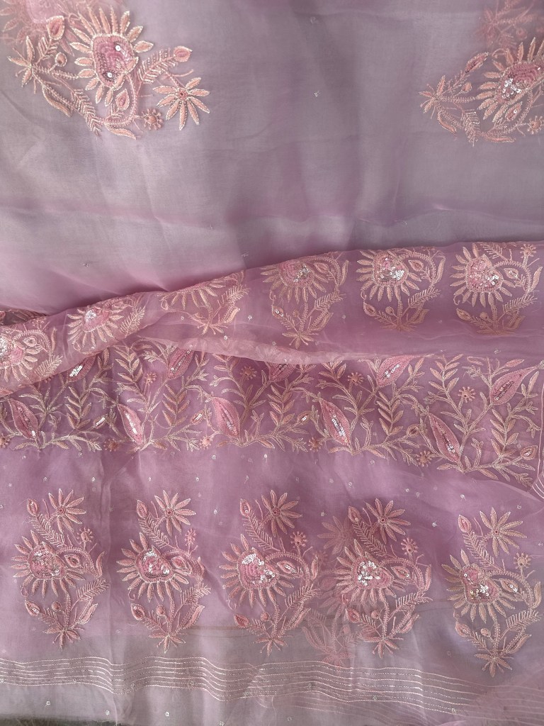 pink pure organza chikankari saree with mukaish work-dyeable-handwork