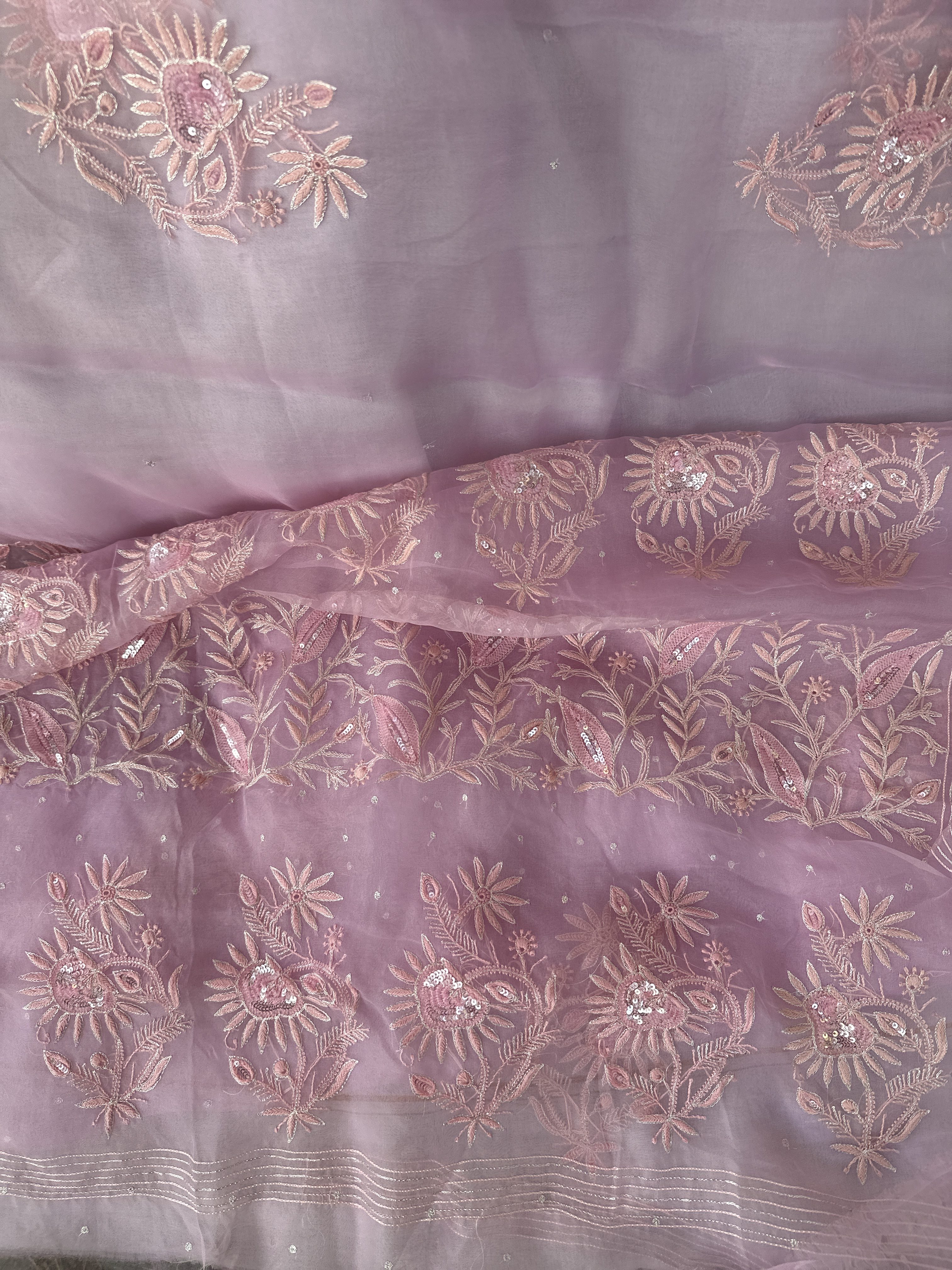pink pure organza chikankari saree with mukaish work-dyeable-handwork