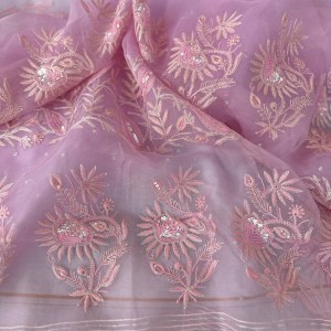 Pink Organza Chikankari Saree & Blouse With Sequin & Aari Work - Image 2