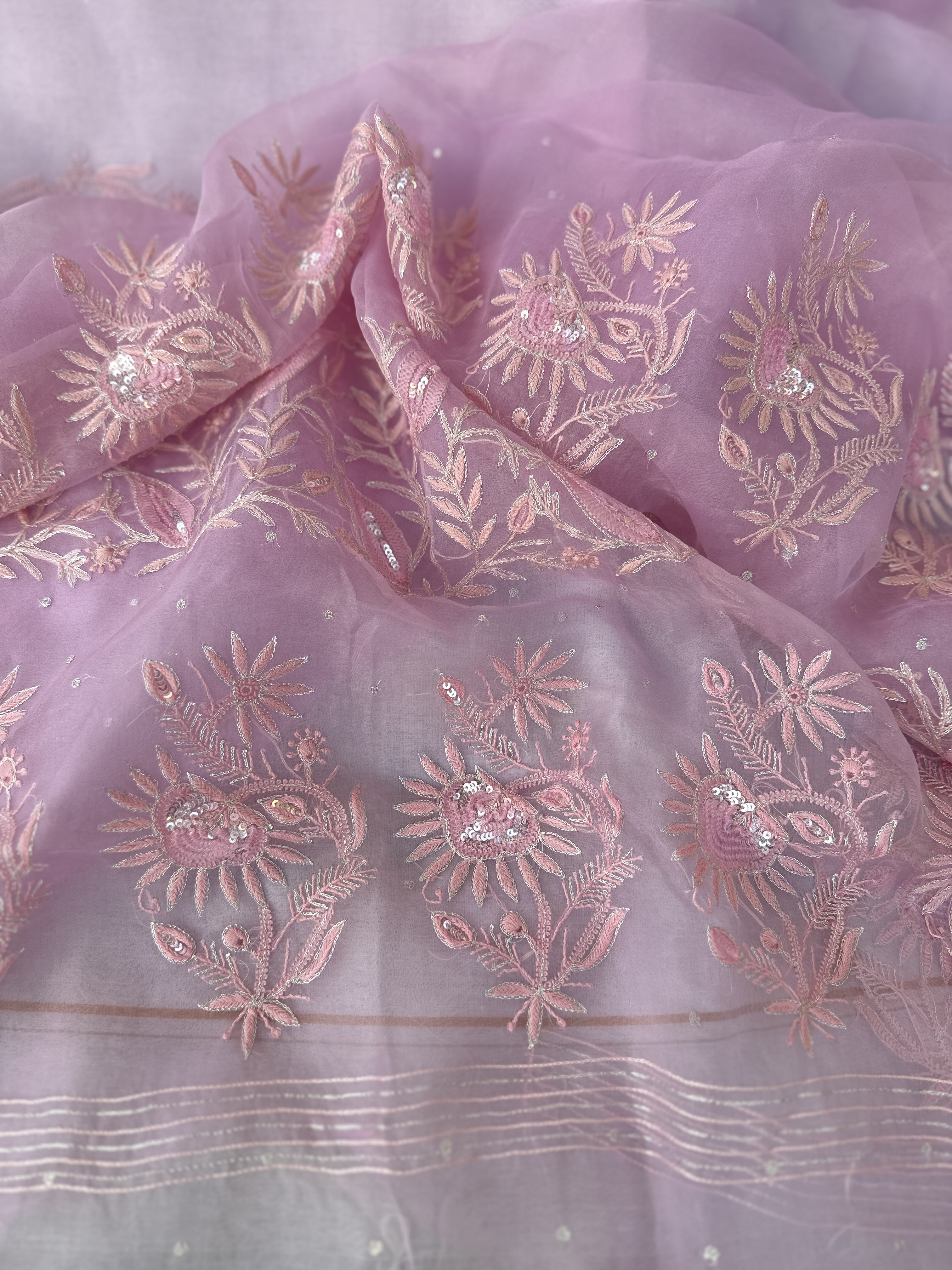 Pink Organza Chikankari Saree & Blouse With Sequin & Aari Work - Image 2