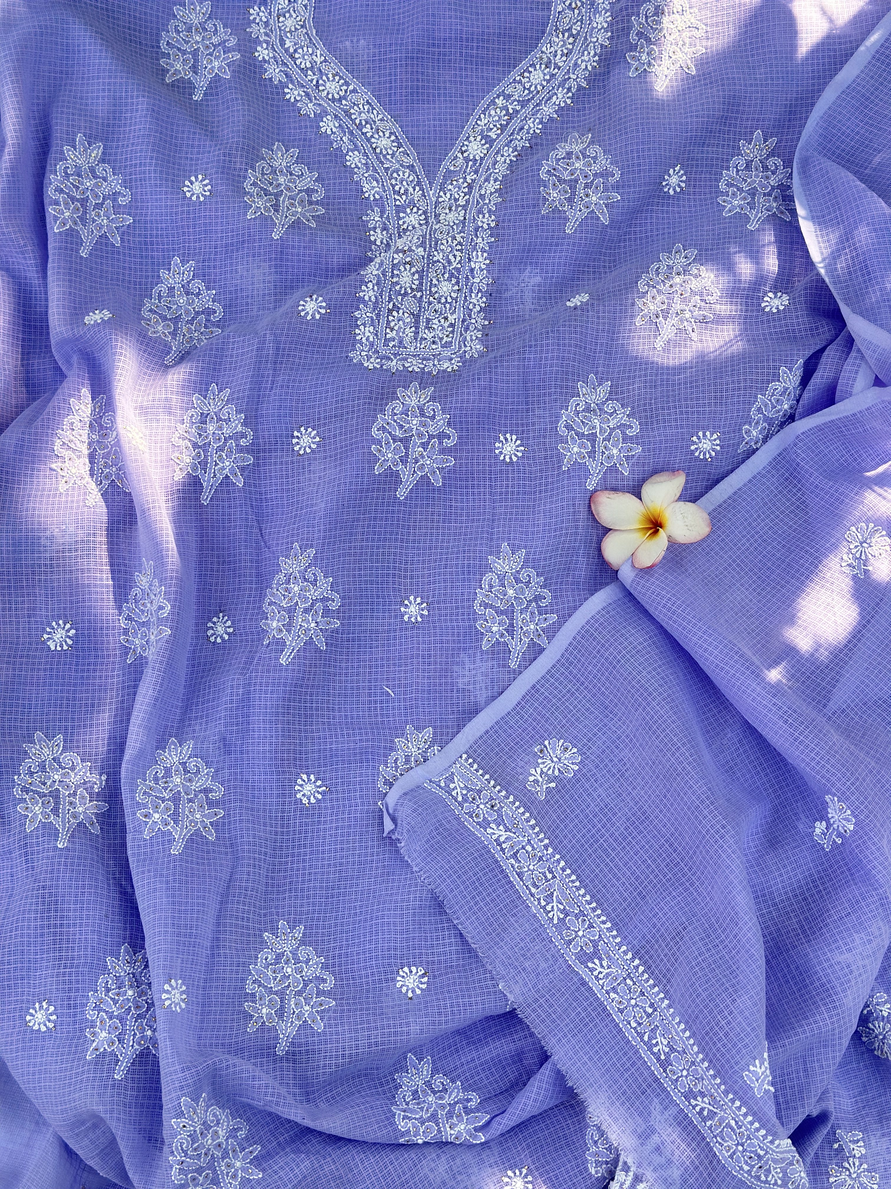 purple cotton kota doria chikankari kurta dupatta set