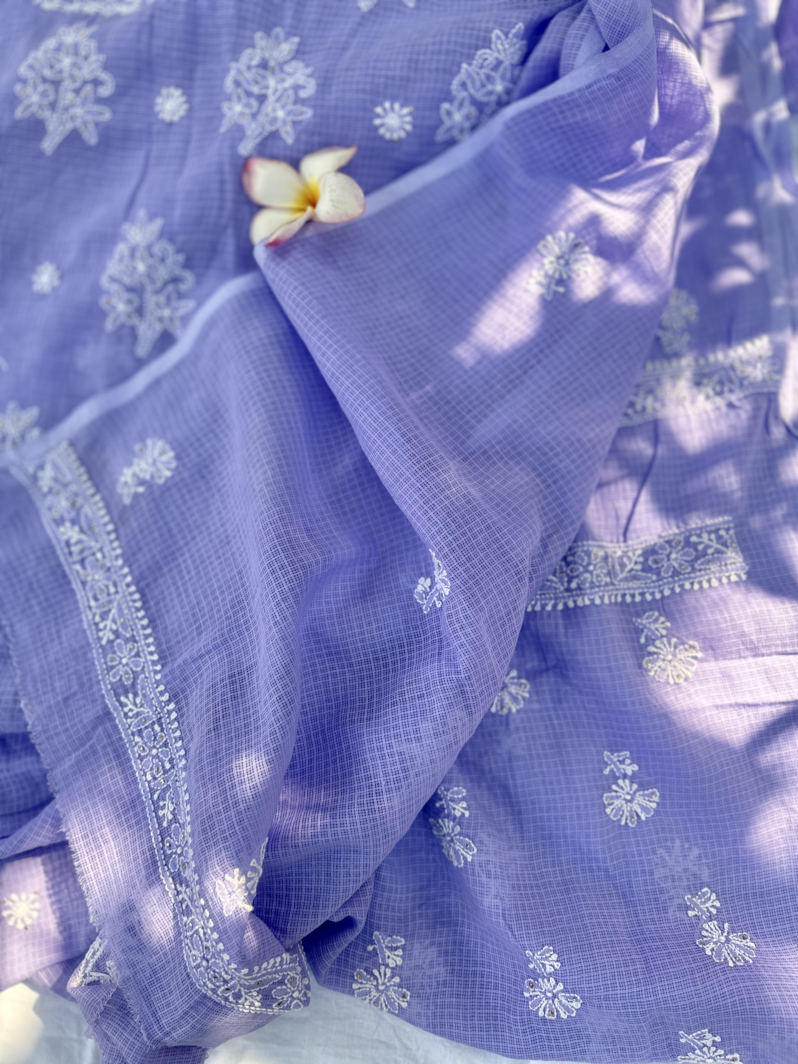 purple cotton kota doria chikankari kurta dupatta set