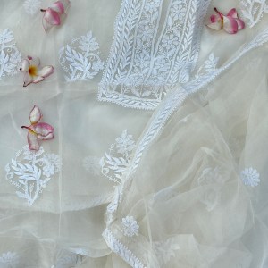 off-white organza chikankari kurta dupatta set