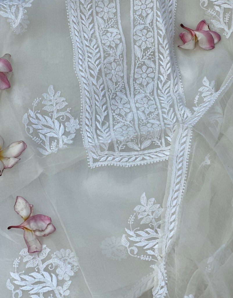 off-white organza chikankari kurta dupatta set