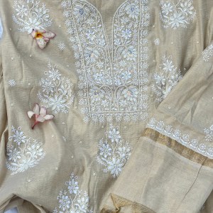 beige tissue chanderi chikankari kurta dupatta set with pearl & sequin work