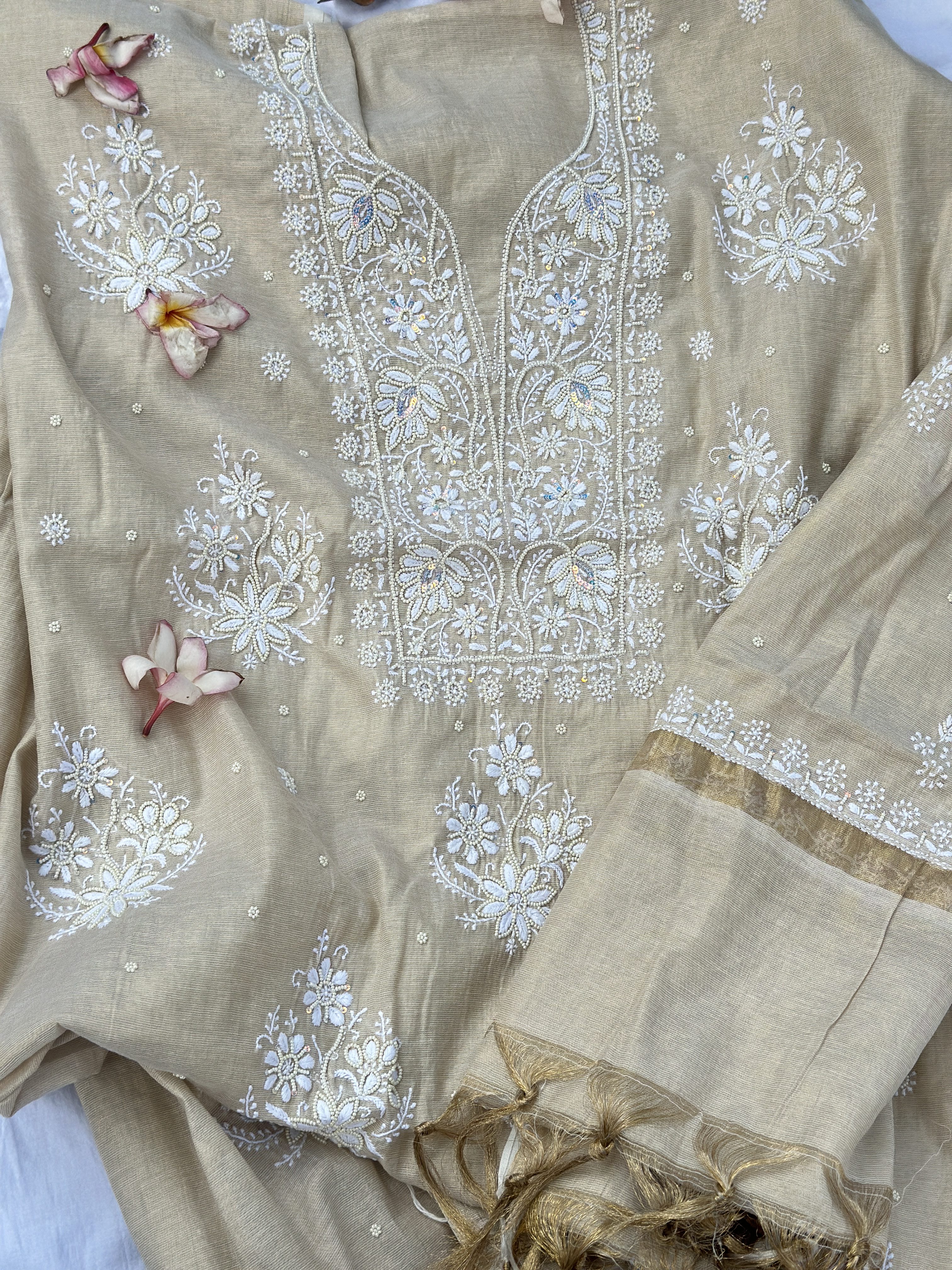 beige tissue chanderi chikankari kurta dupatta set with pearl & sequin work