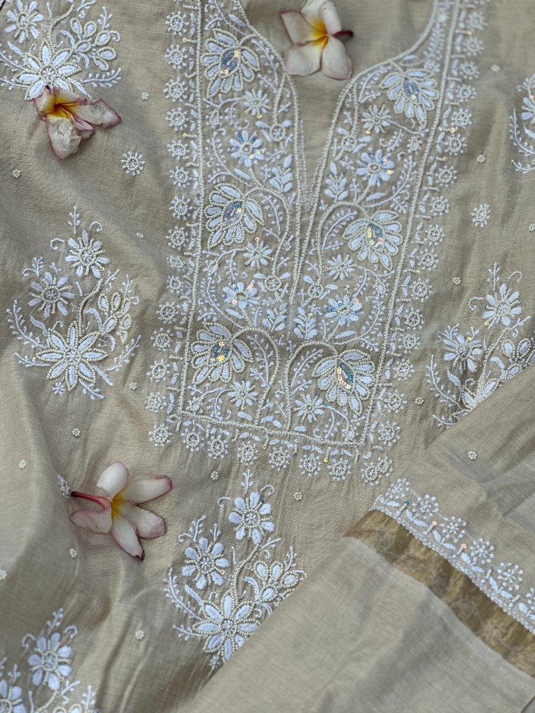 Beige Tissue Chanderi Chikankari Kurta Dupatta Set With Pearl & Sequin Work