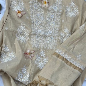 beige tissue chanderi chikankari kurta dupatta set with pearl & sequin work