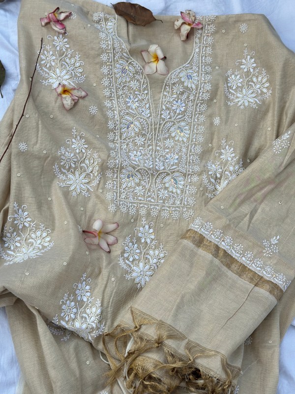 beige tissue chanderi chikankari kurta dupatta set with pearl & sequin work