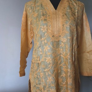 fawn tussar silk chikankari short kurti on jeans