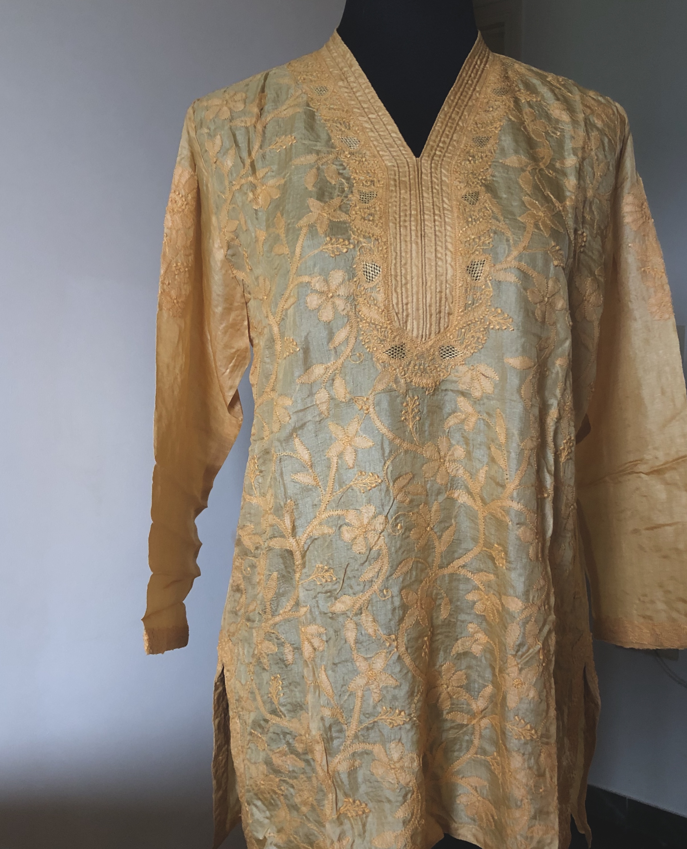 fawn tussar silk chikankari short kurti on jeans