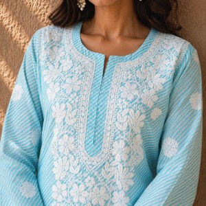Blue Leheriya Pure Cotton Chikankari Kurti - Image 2