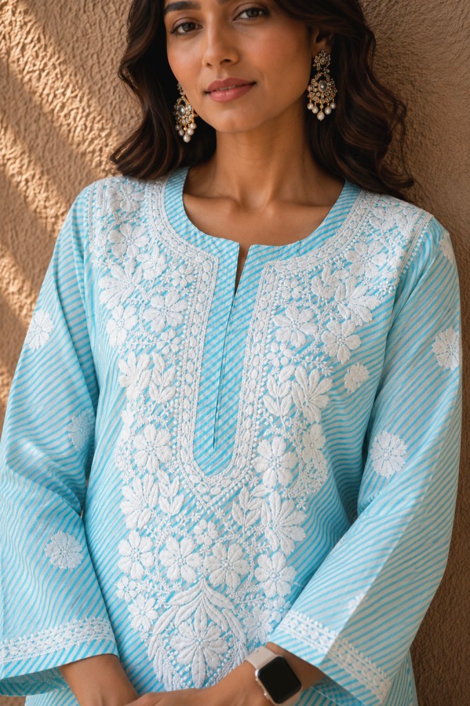 Blue Leheriya Pure Cotton Chikankari Kurti