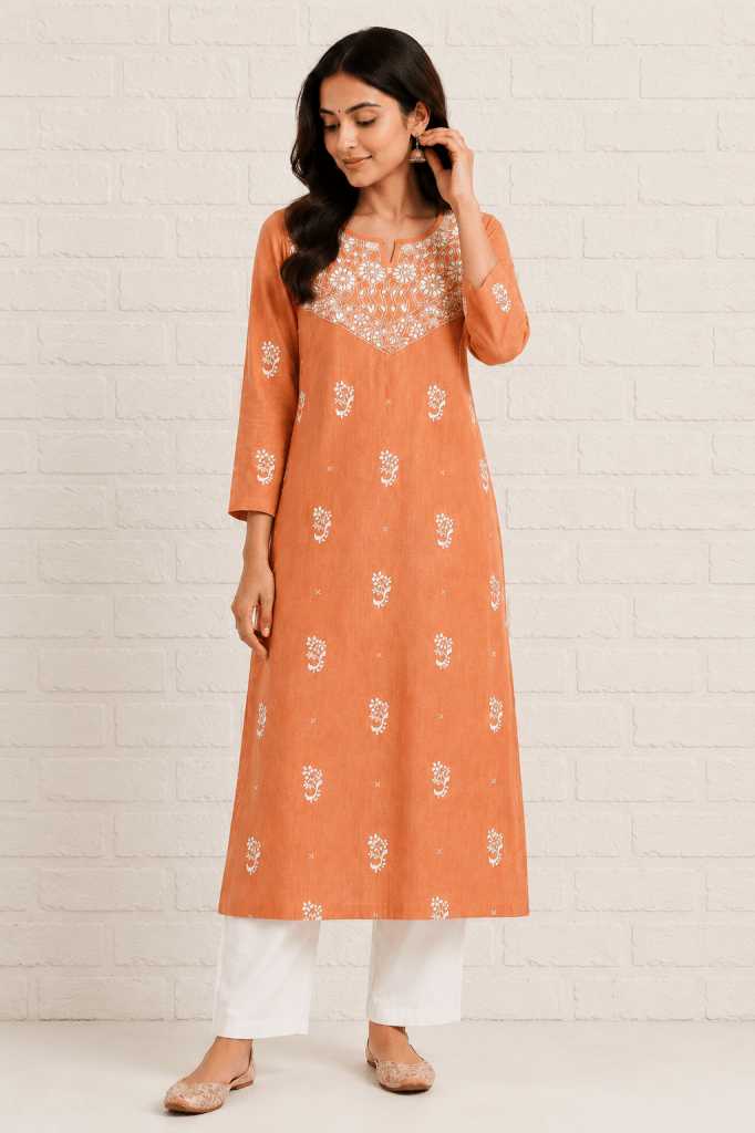 Peach Pure Cotton Chikankari Kurti