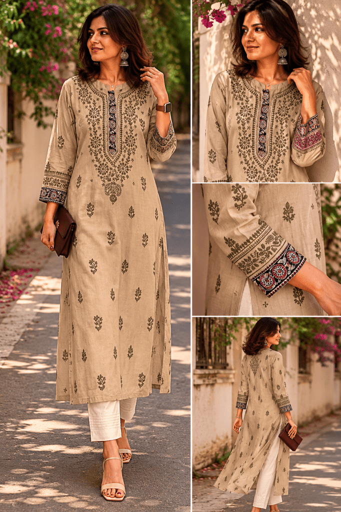 Fossil grey Linen Chikankari Kurti With Kalamkari Border