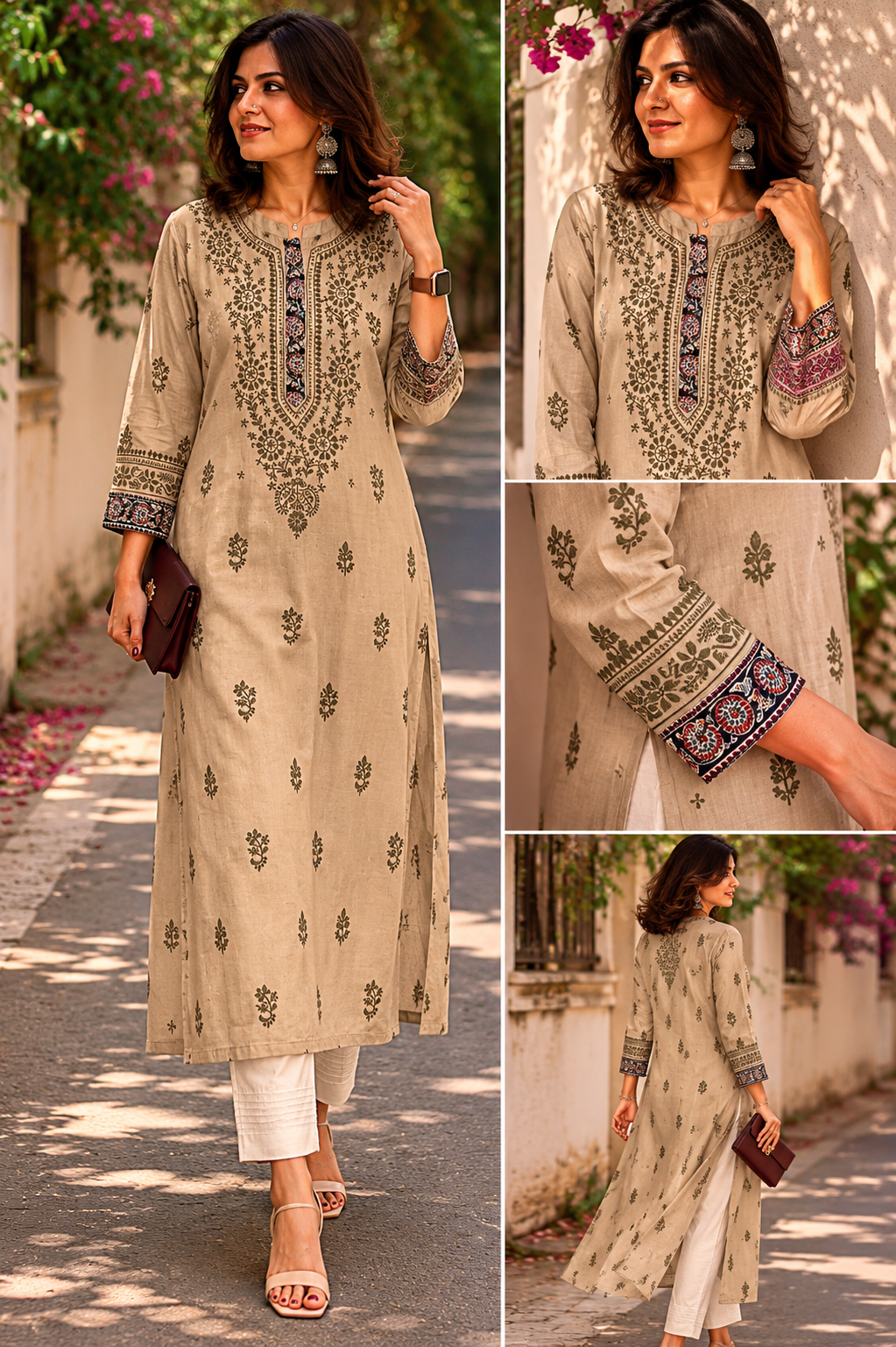 Fossil grey Linen Chikankari Kurti With Kalamkari Border - Image 1