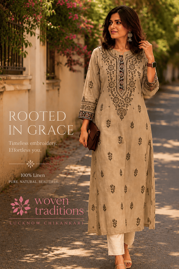 Fossil grey Linen Chikankari Kurti With Kalamkari Border