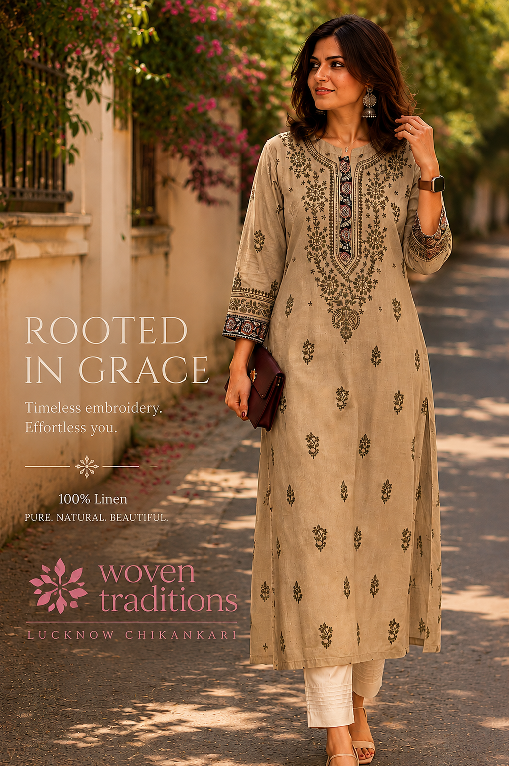 Fossil grey Linen Chikankari Kurti With Kalamkari Border - Image 2