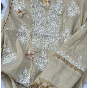 Beige Tissue Chanderi Chikankari Kurta Dupatta Set With Pearl & Sequin Work