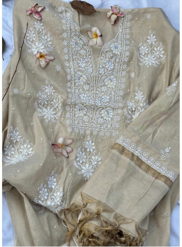 Beige Tissue Chanderi Chikankari Kurta Dupatta Set With Pearl & Sequin Work