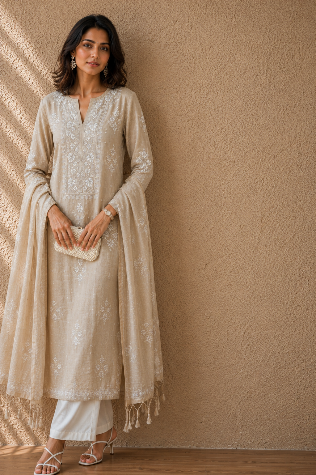 Beige Tissue Chanderi Chikankari Kurta Dupatta Set With Pearl & Sequin Work - Image 4