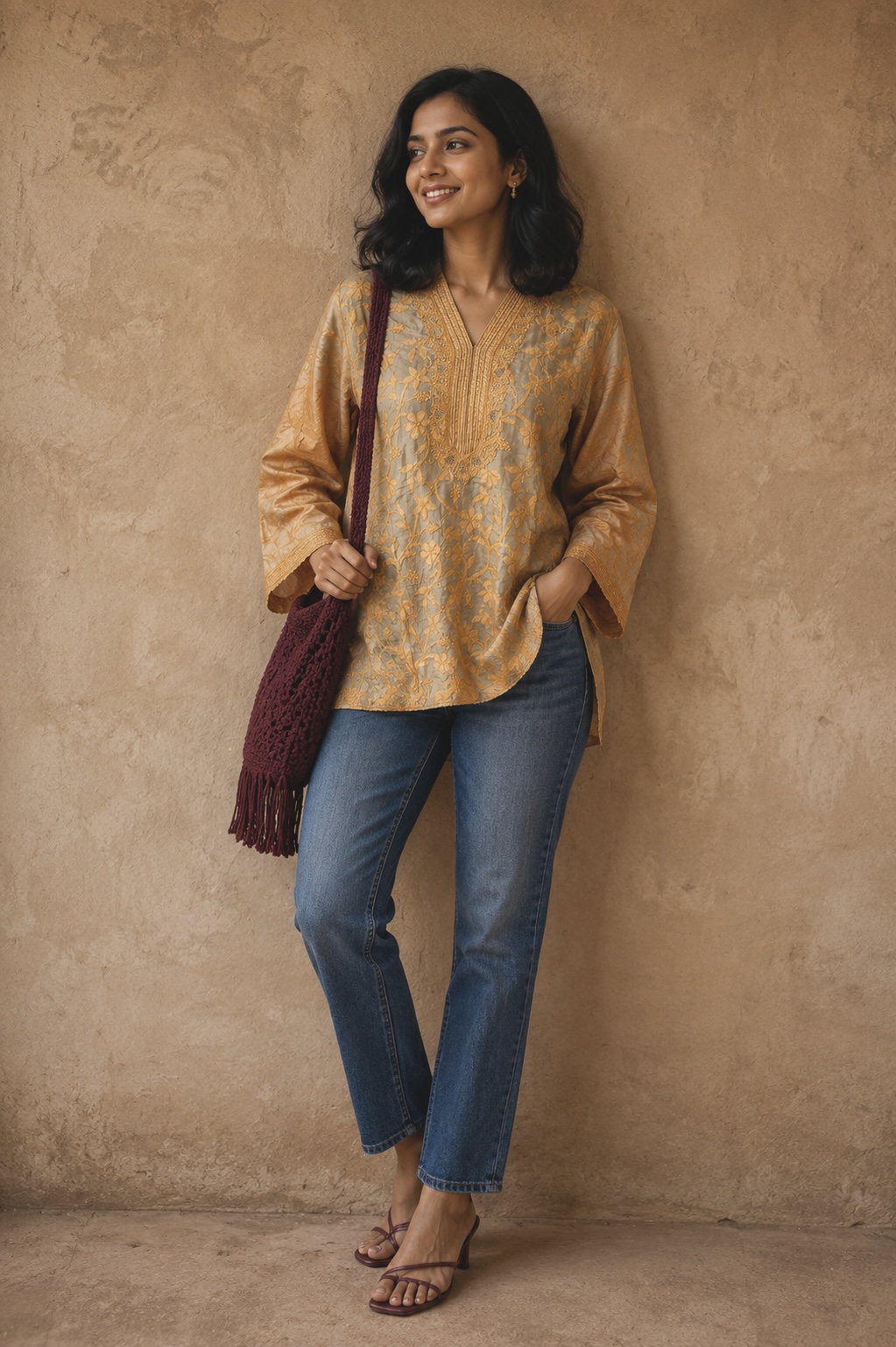 Fawn Tussar Silk Chikankari Short Kurti - Image 1