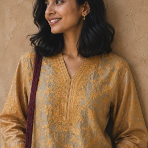 Fawn Tussar Silk Chikankari Short Kurti - Image 2