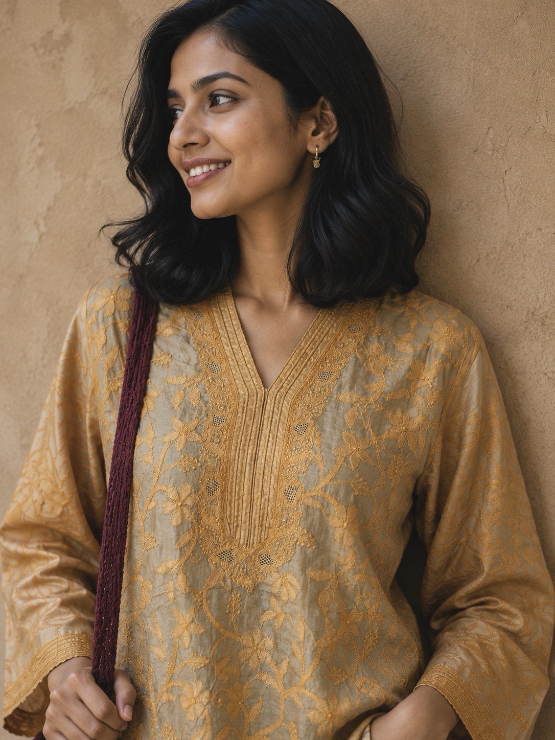 Fawn Tussar Silk Chikankari Short Kurti - Image 2